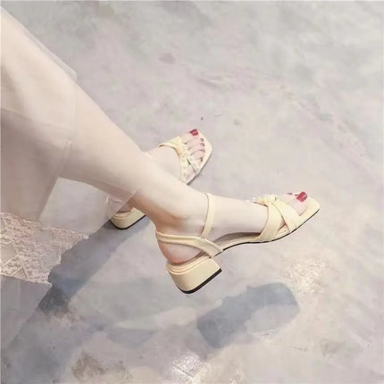 New Summer 2026 Sandals with Chunky Heels and Fairy-Style Straps with Pearls, Versatile Fashionable Women's Shoes