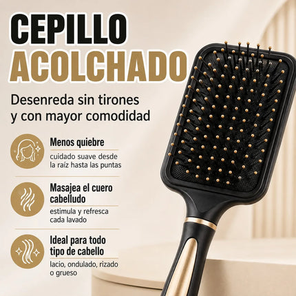 Set of 4 Professional Hairbrushes for Detangling and Styling, Set of Pneumatic and Skeleton Brushes for Straight, Curly or Wavy Hair, Black with Gold