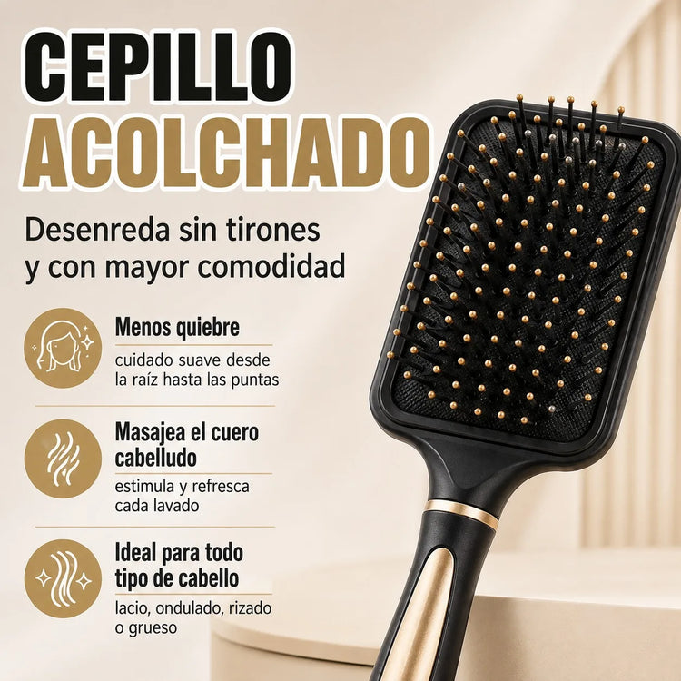 Set of 4 Professional Hairbrushes for Detangling and Styling, Set of Pneumatic and Skeleton Brushes for Straight, Curly or Wavy Hair, Black with Gold