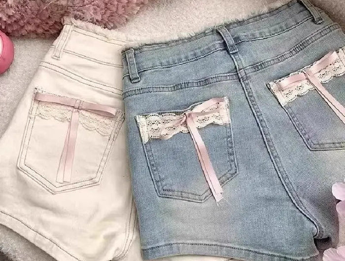 Lace Bow Denim Shorts Women's Summer New High Waisted Large Size Short Jeans Trend Raw Edge Spicy Girl High Street Hot Pant PlatiNum