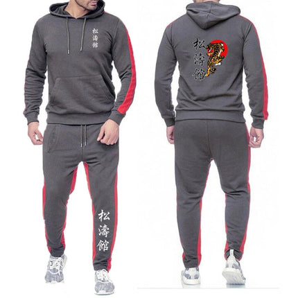 2025 Spring Autumn Shotokan Karate Print Men's Solid Color Hooded Tracksuit Pullover Hoodies+Casual Sweatpants High Street Sets PlatiNum