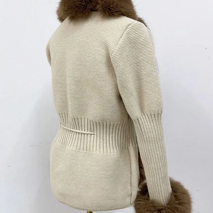 ZADORIN Autumn Winter Women Faux Fur Coat Luxury Knitted Sweater Fur Cardigan Detachable Collar White Pink Jacket Faux Fur Coats