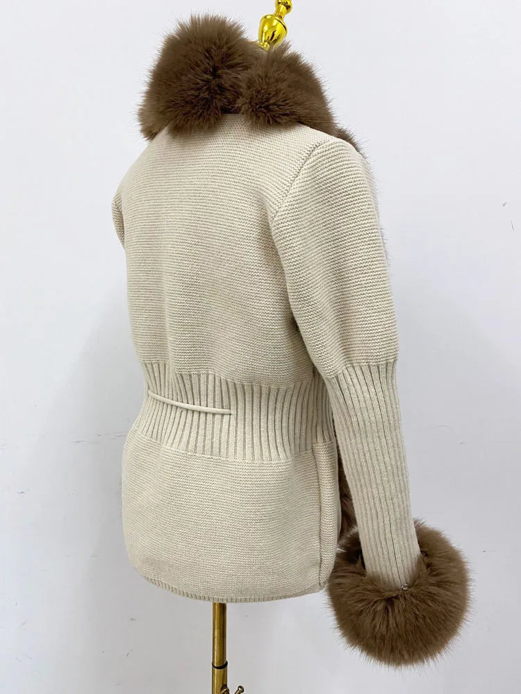 ZADORIN Autumn Winter Women Faux Fur Coat Luxury Knitted Sweater Fur Cardigan Detachable Collar White Pink Jacket Faux Fur Coats