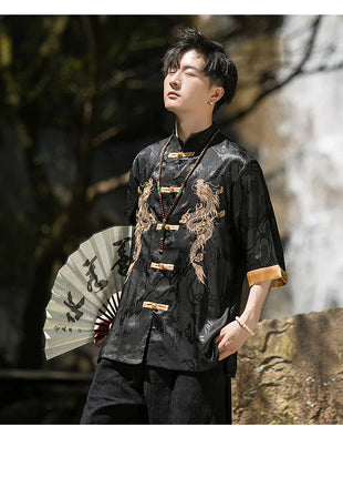 Camicia con ricamo drago dorato da uomo in seta di ghiaccio di alta qualità casual allentato a maniche corte top cardigan tradizionale kung fu retrò da uomo