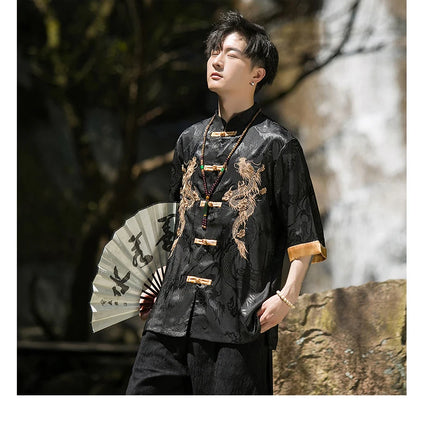 Camicia con ricamo drago dorato da uomo in seta di ghiaccio di alta qualità casual allentato a maniche corte top cardigan tradizionale kung fu retrò da uomo