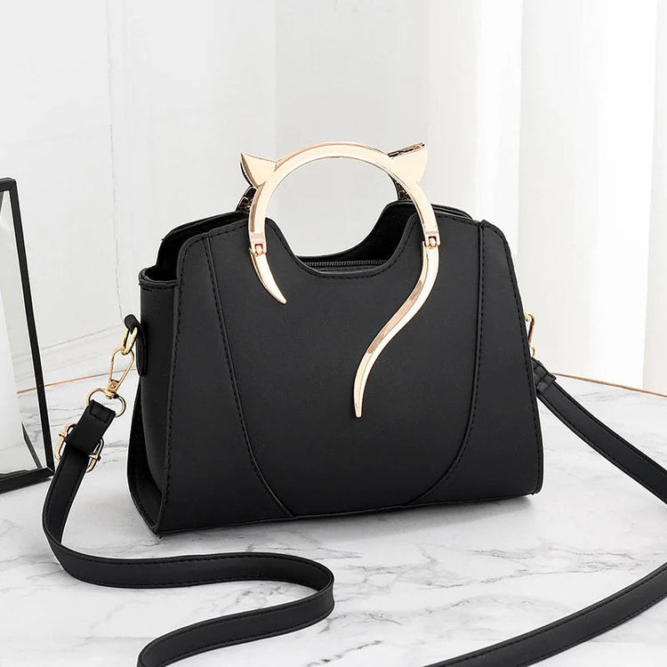 Cat Shaped Handle Women Handbag Trendy And Fashionable, Solid Color, Simple And Casual Crossbody Shoulder Shell Bag PlatiNum