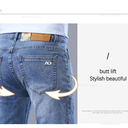 Spring Men's Light Blue Slim Jeans Stylish Casual Stretch Fabric Denim Pants Classic Trousers Smoke Gray