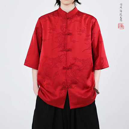 Camicie cinesi Camicia retrò in seta di ghiaccio con motivo floreale scuro Tradizionale Kung Fu Tai Chi Casual Loose Fit Top da uomo traspirante estivo