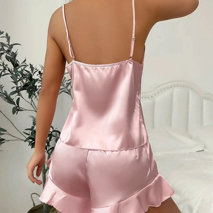 Pigiama semplice in raso con maniche lunghe, abito con cintura, scollo a V, top e pantaloncini, pigiama da donna platinumshop