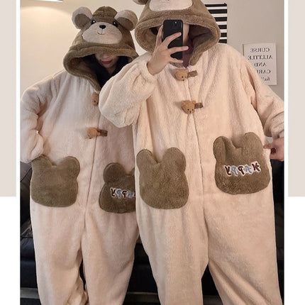 Winter Pajamas Cartoon Bear Costume Pijama Kawaii Adult Couples Kigurumis Sleepwear Jumpsuits Coral Fleece Loose Warm Homewear