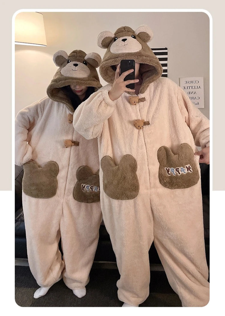 Winter Pajamas Cartoon Bear Costume Pijama Kawaii Adult Couples Kigurumis Sleepwear Jumpsuits Coral Fleece Loose Warm Homewear