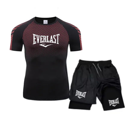 EVERLAST Men's Compress Shirt + 2-in-1 sports shorts 2pcs Set Leisure Breath Short Sleeve Sport Jogging Gym Brand Print Clothing platinumshop