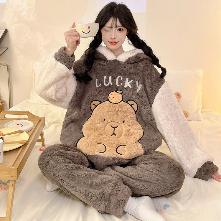 Winter New Women's Warm Pajamas Cartoon Hooded Sleepwear Suit Women's Coral Fleece Pyjamas Set Thickened Thermal Homewear M-4XL