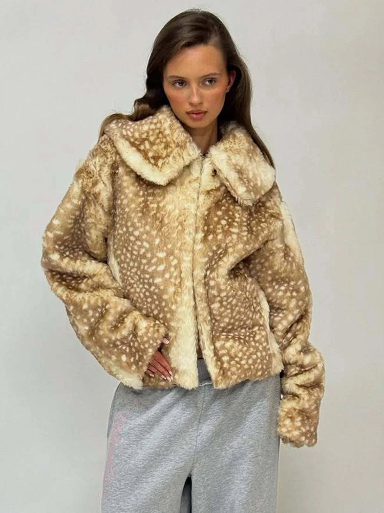 ZADORIN New Chic Deer-print Faux Fur Jackets Elegant Lapel Loose-fit Fluffy Faux Fur Coat Woman Plush Fur Coats Winter Outerwear