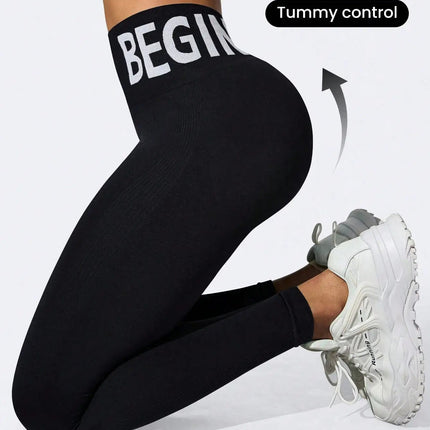 European and American Seamless Yoga Leggings with Waistband Lettering, Butt-Lifting, Quick-Dry Women's Breathable Tights for Pea PlatiNum