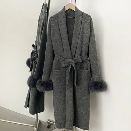 OFTBUY New Winter Long Belted Clothes Outerwear Women Knit Cardigan Real Fox Fur Cuffs Shawl Collar Wrap Knitted Coat Female