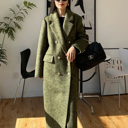 High-end Thick Double-sided Wool Coat Female Fashion Long  Autumn Winter Lapel Double Breasted Wool Coat Women Loose Outerwear