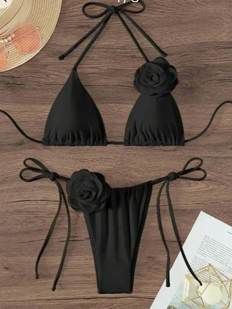 Costume da Bagno Sexy con Fiori e Fascia, Bikini a Perizoma 2025, Costumi da Bagno Donna con Lacci, Set Bikini Brasiliano, Biquini Mujer platinumshop