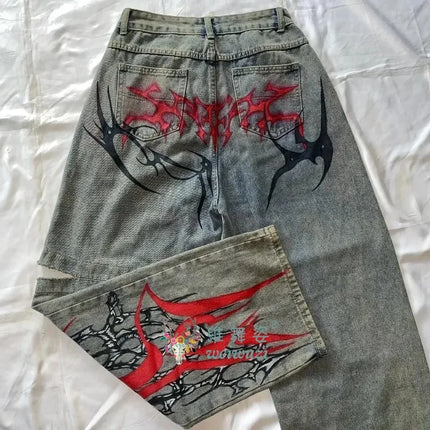Jeans Y2K Hip Hop Strappati a Gamba Larga, Nuovi Pantaloni Baggy in Denim, Jeans da Donna Autunnali Retrò Harajuku Gothic con Stampa a Spuntoni, Cool Streetwear