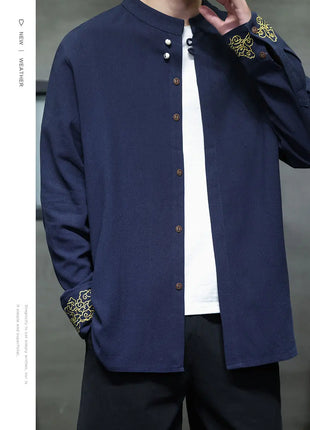 Camicie da Uomo di Alta Qualità con Ricami in Stile Cinese, Colletto Rialzato Retrò, in Lino Comodo e Traspirante, Camicie Casual da Uomo