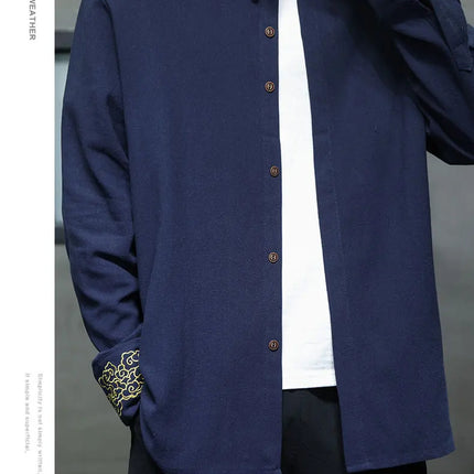 Camicie da Uomo di Alta Qualità con Ricami in Stile Cinese, Colletto Rialzato Retrò, in Lino Comodo e Traspirante, Camicie Casual da Uomo