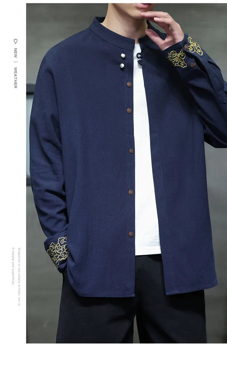 Camicie da Uomo di Alta Qualità con Ricami in Stile Cinese, Colletto Rialzato Retrò, in Lino Comodo e Traspirante, Camicie Casual da Uomo