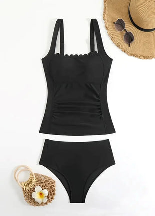 Vigorashely 2026 Set Tankini Vintage Solido da Donna con Spalline a Volant, Costume da Bagno Due Pezzi Senza Schienale a Vita Alta platinumshop