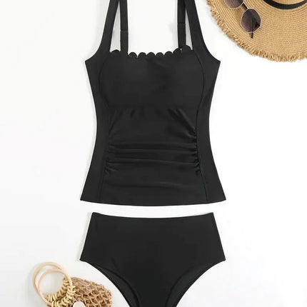 Vigorashely 2026 Set Tankini Vintage Solido da Donna con Spalline a Volant, Costume da Bagno Due Pezzi Senza Schienale a Vita Alta platinumshop