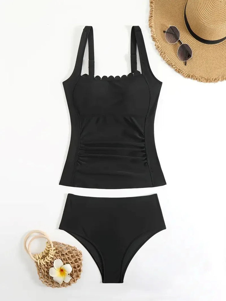 Vigorashely 2026 Set Tankini Vintage Solido da Donna con Spalline a Volant, Costume da Bagno Due Pezzi Senza Schienale a Vita Alta platinumshop