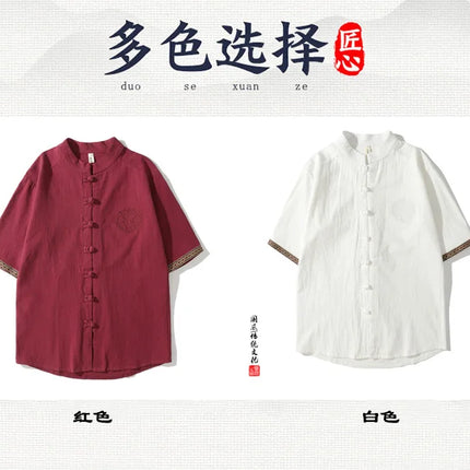 Camicie da Uomo Ricamate in Stile Cinese Retrò, Traspiranti in Lino, Comode, Casual Kung Fu, Abito Tang con Colletto Rialzato