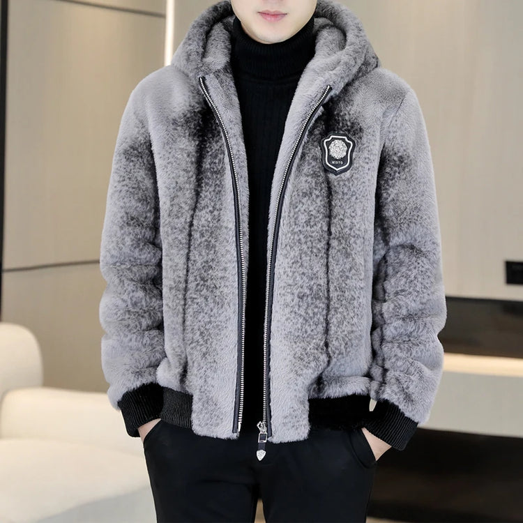 Autumn Winter Faux Fur Hooded Jacket Men Fashion Social Faux Mink Fur Casual Business Jacket Thick Warm Outdoor Windproof Coat