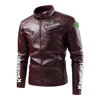 Kawasaki waterproof leather motorcycle jacket, pilot style warm coat, fashionable retro style, stand-up collar equestrian style WCQ81