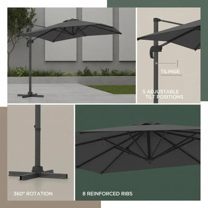Ombrellone da Patio Quadrato a Sbalzo, 5 Angoli di Inclinazione e Rotazione a 360° °   Ombrellone da Esterno Girevole con Palo in Alluminio a 8 Stecche, Tetto Ventilato Antivento