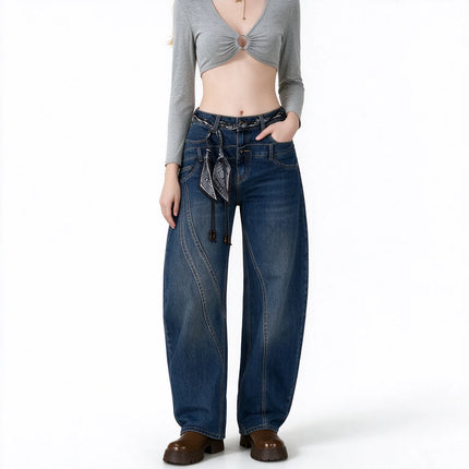 Women’s High-Waisted, Wide-Leg, Curved-Fit Jeans with Matching Scarf Belt Included, Vintage-Wash Blue Denim with Diagonal Stitching, Casual Retro-Style Trousers for Everyday Wear  FX-5380-1