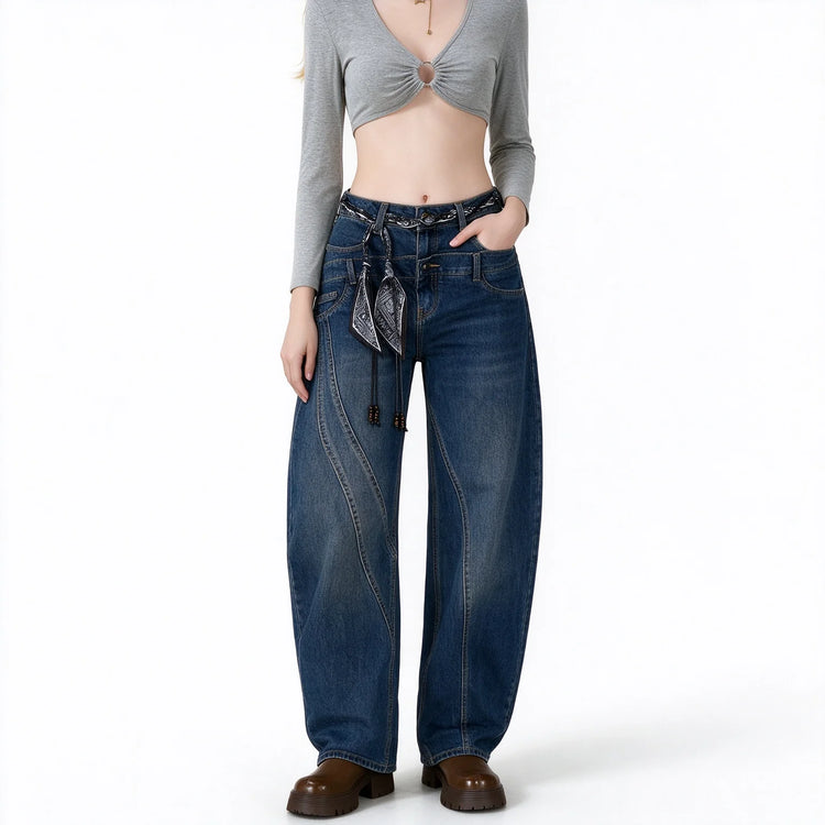 Women’s High-Waisted, Wide-Leg, Curved-Fit Jeans with Matching Scarf Belt Included, Vintage-Wash Blue Denim with Diagonal Stitching, Casual Retro-Style Trousers for Everyday Wear  FX-5380-1