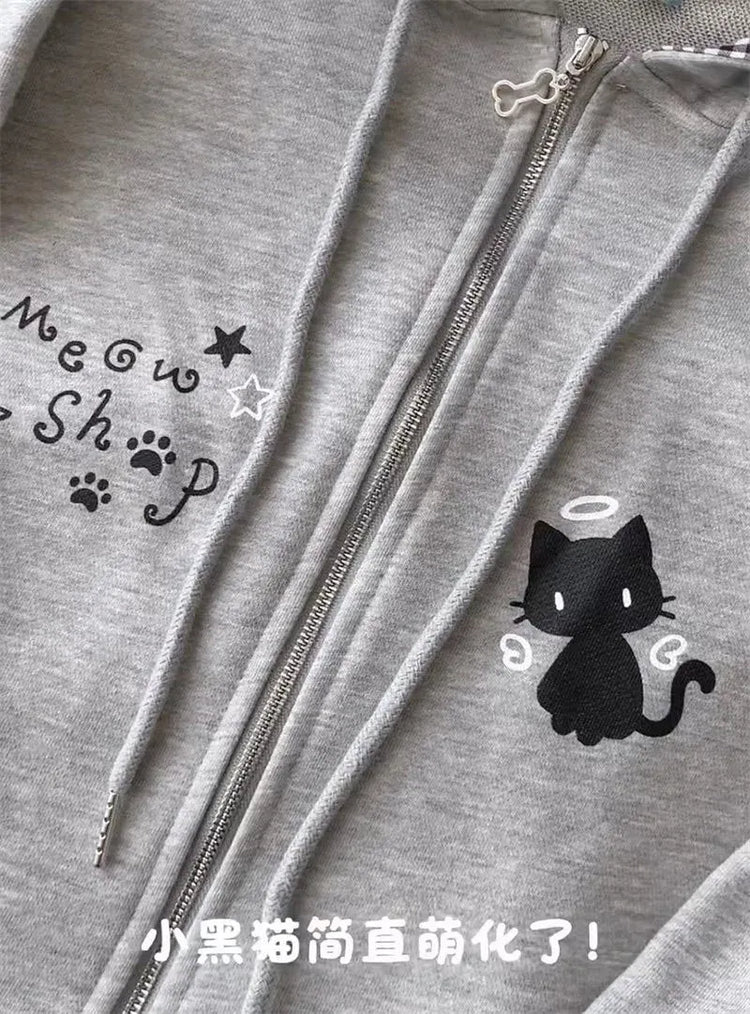 Ropa Mujer Japanese Cute Hoodies Coats Cute Cat Print Hooded Sweatshirts Y2K Tops Women Clothing Casual Zipper Loose Hoodie