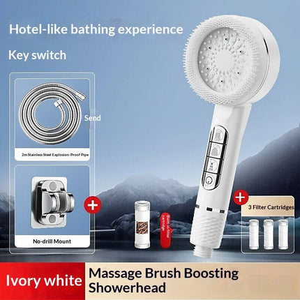 Soffione doccia autopulente a 4 modalità con spazzola in silicone, arresto acqua con un tasto, massaggio ad alta pressione, soffione in ABS con filtro