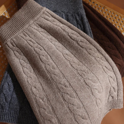 35% Cashmere & 65% Wool Women's Solid - Color Twisted Knit Umbrella Mini Skirt, Retro & Gentle PlatiNum