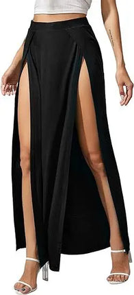 Nuova gonna elastica a vita alta da donna tinta unita spacco alto laterale vestibilità ampia assorbimento del sudore gonna lunga da spiaggia stile street