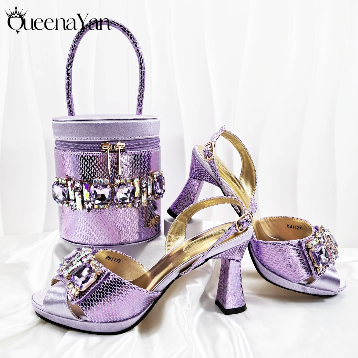 Queena Yan Nigerian-Inspired Rhinestone High Heels With Colourful Bucket Bag Fashionable Womens Footwear And Accessories Set