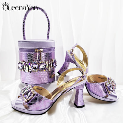 Queena Yan Nigerian-Inspired Rhinestone High Heels With Colourful Bucket Bag Fashionable Womens Footwear And Accessories Set