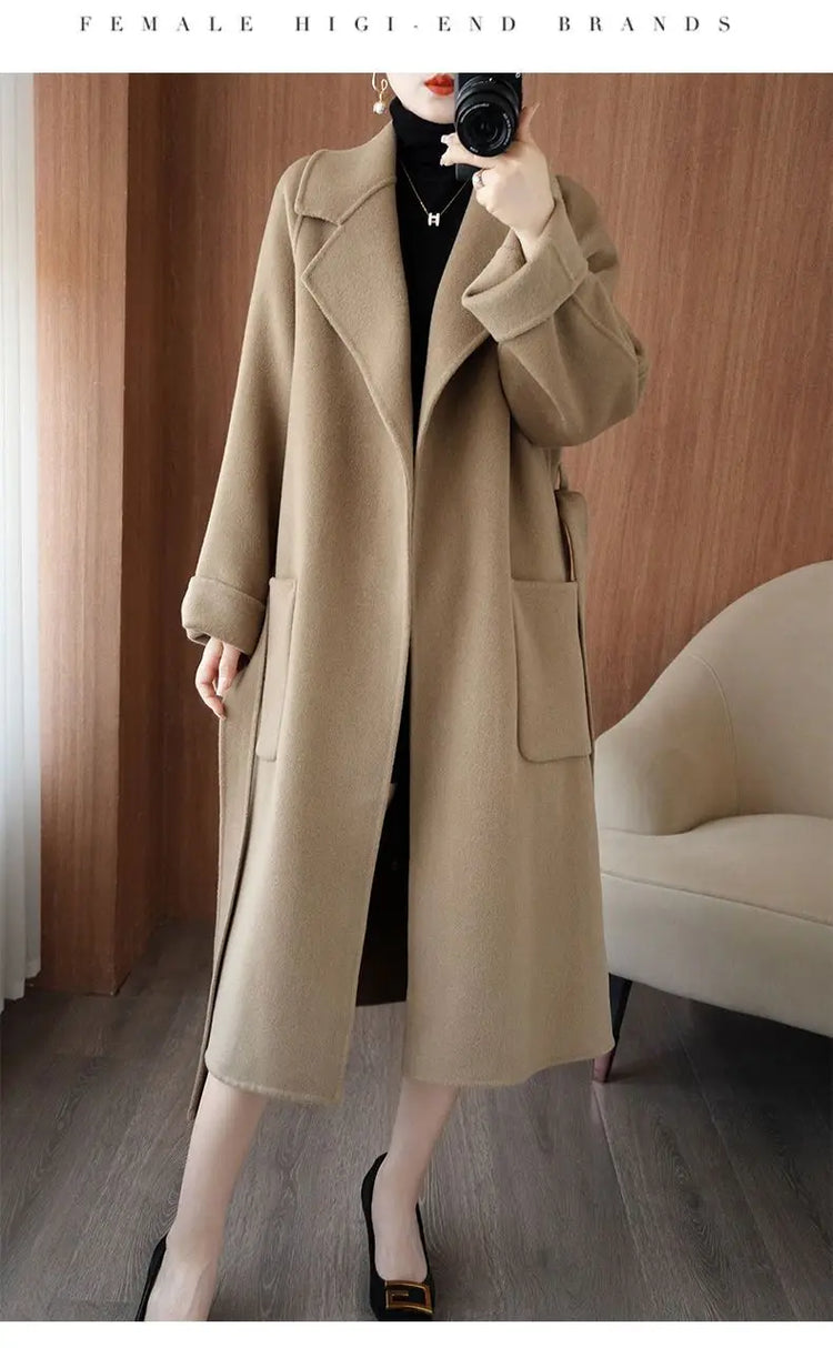 100% Wool Coat Women's Wear 2026 Autumn/Winter Fashion Temperament Double sided Cashmere Coats with Belt Elegant Long Overcoat
