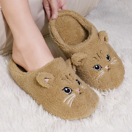 Winter Cute Cat Plush Slippers Women Indoor Comfortable Quiet Soft Sole Floor Slides Couples Winter Warm Fuzzy House Sandals