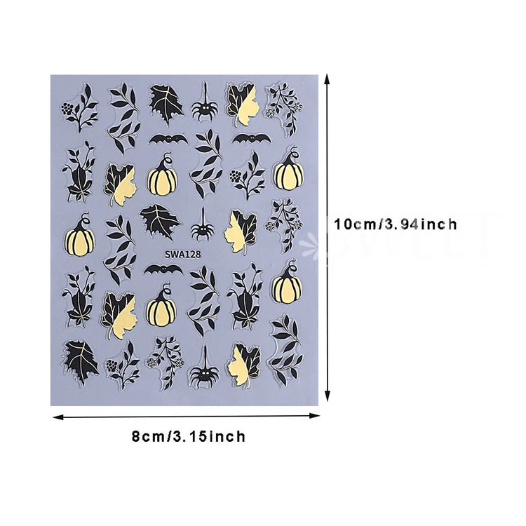 3pcs Autumn Nail Art Stickers Decal Golden Pumpkin Ghost Spider 3D Adhesive Slider for Halloween Thanksgiving Day Manicure Decor