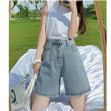 Ladies High Waist Wide Leg Denim Shorts Retro Blue A-Line Slim Fit Spring Summer Womens Casual Clothing 2026 PlatiNum