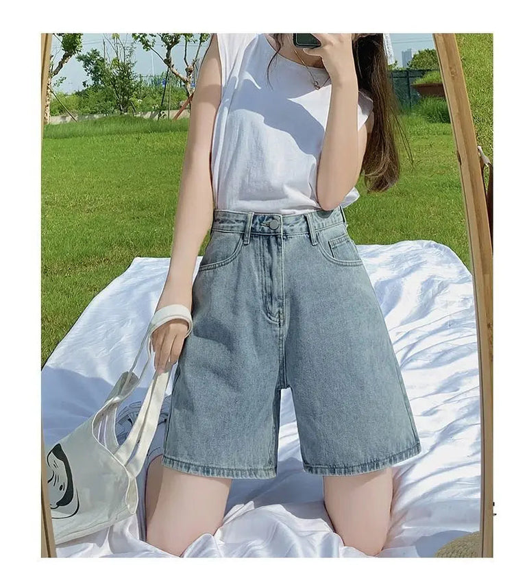 Ladies High Waist Wide Leg Denim Shorts Retro Blue A-Line Slim Fit Spring Summer Womens Casual Clothing 2026 PlatiNum