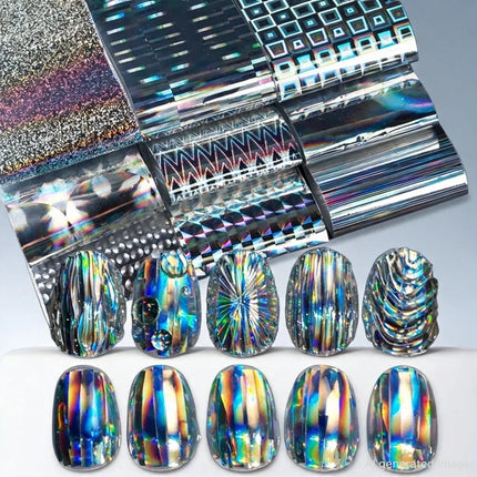 10pcs Holographic Chrome Silver Nail Art Foil Transfer Stickers Irridescent Rainbow Geometric Aurora Laser Nail Foils Decoration 2028