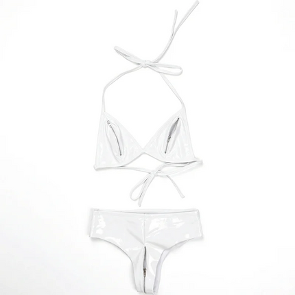 Ftshist Shiny Patent Leather Zipper Bikini Set Interactive Lingerie Separate Snug Fit Pieces for Stage Performance