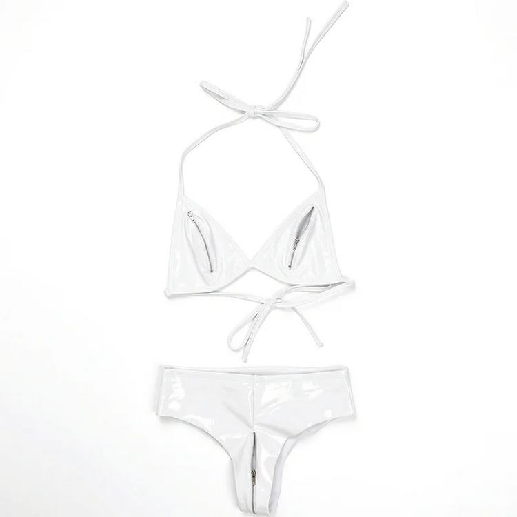 Ftshist Shiny Patent Leather Zipper Bikini Set Interactive Lingerie Separate Snug Fit Pieces for Stage Performance