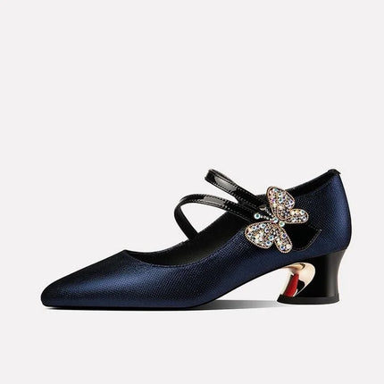 FHC Tacchi medi in pelle poco profonde, Scarpe da lavoro da donna da ufficio, Décolleté da donna, Papillon con strass, Punta a punta Vogue, Blu, Nero, Dropship